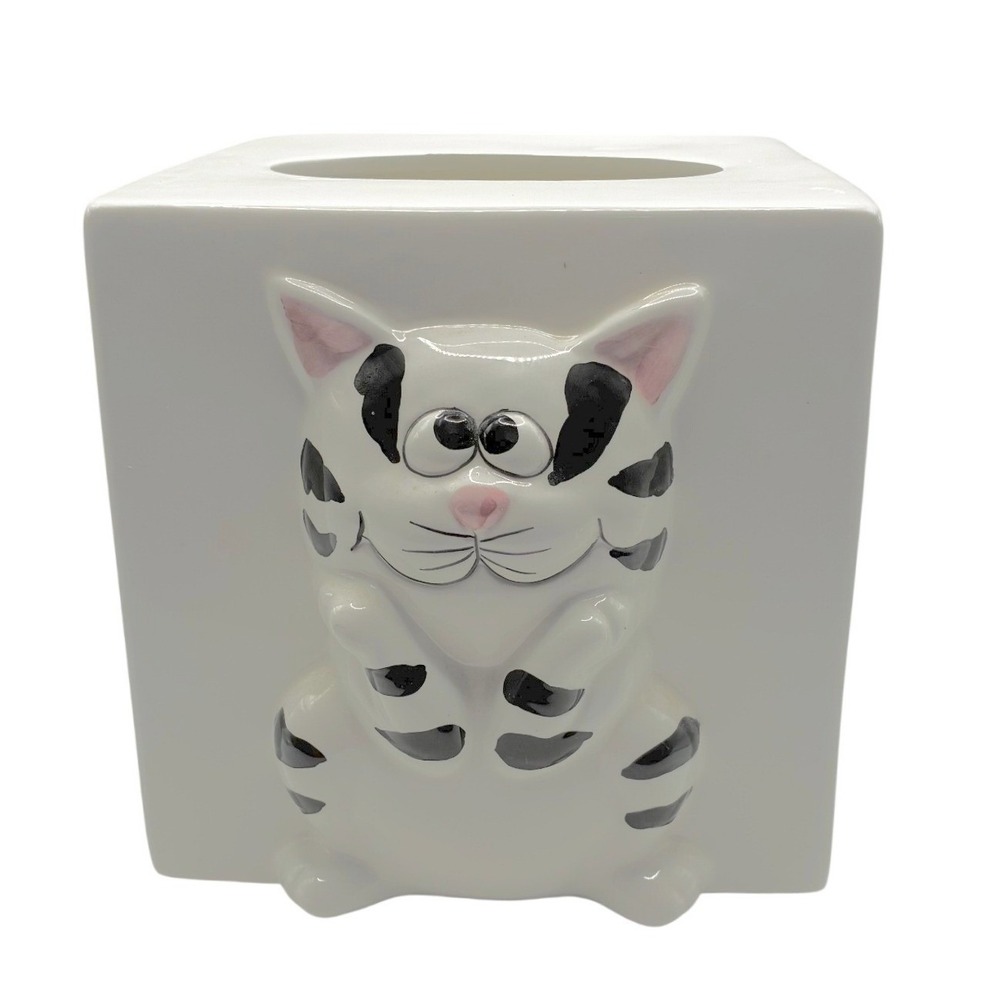 Ceramic Tissue Box Cartoon Cat Cover 5"x5" White Black Striped 3D Cat Whimsical